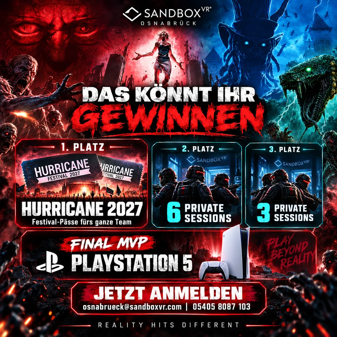 Die Cup-Gewinne: Hurricane Festival-Pässe 2027 für das Siegerteam, sechs beziehungsweise drei private Sandbox VR Sessions und eine PlayStation 5 für den Final MVP.