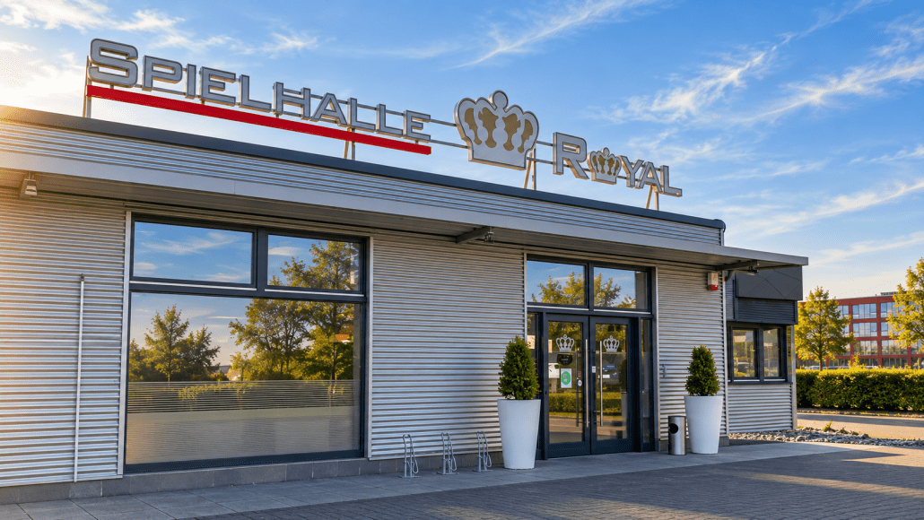 Heller Eingangsbereich einer Royal Spielhalle mit Royal Schriftzug und Krone